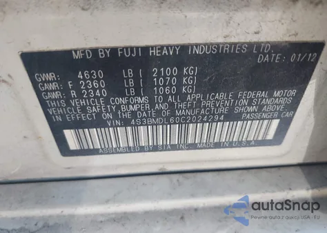 2012 Subaru Legacy 3.6R Limited z USA, uszkodzony, nr VIN 4S3BMDL60C2024294